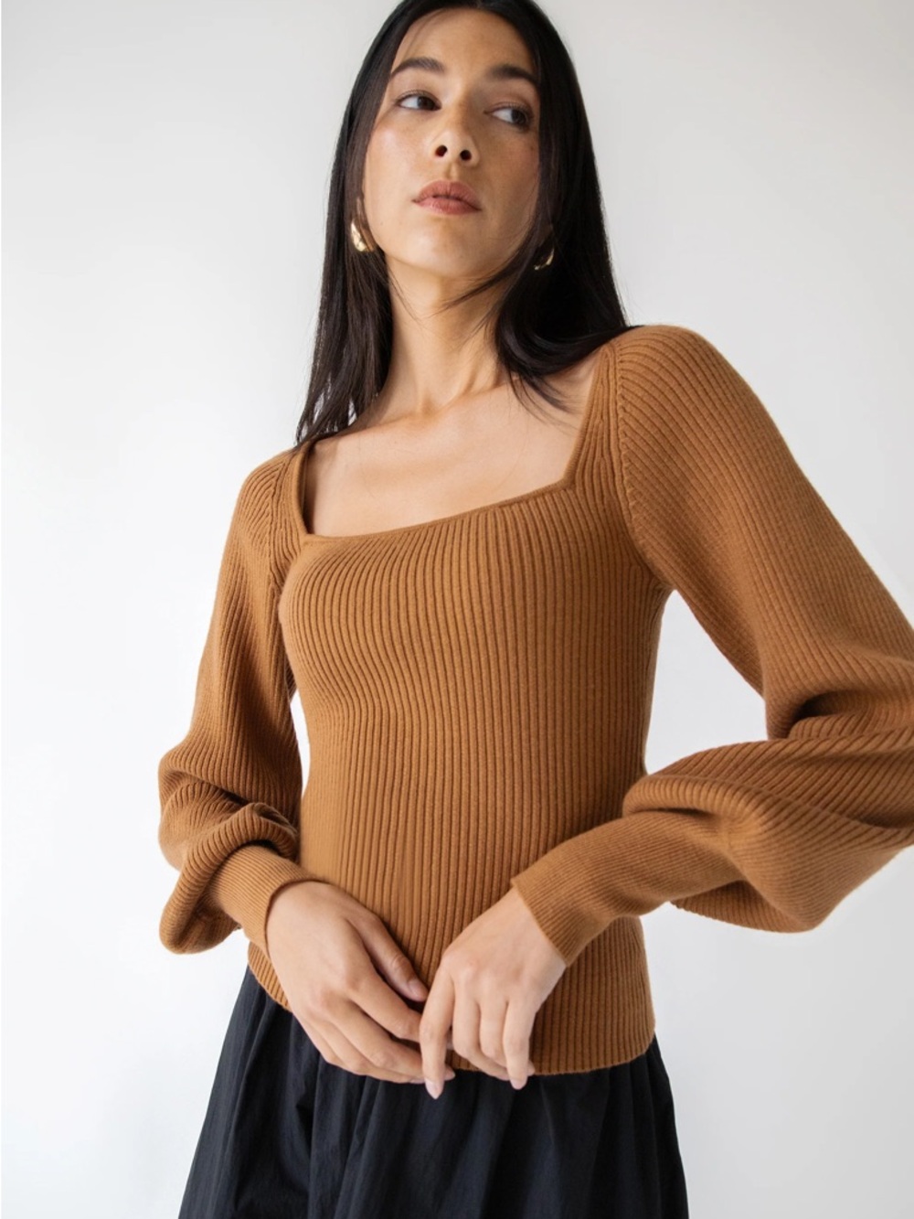 OAK + FORT Ribbed Square-Neck Top in Camel